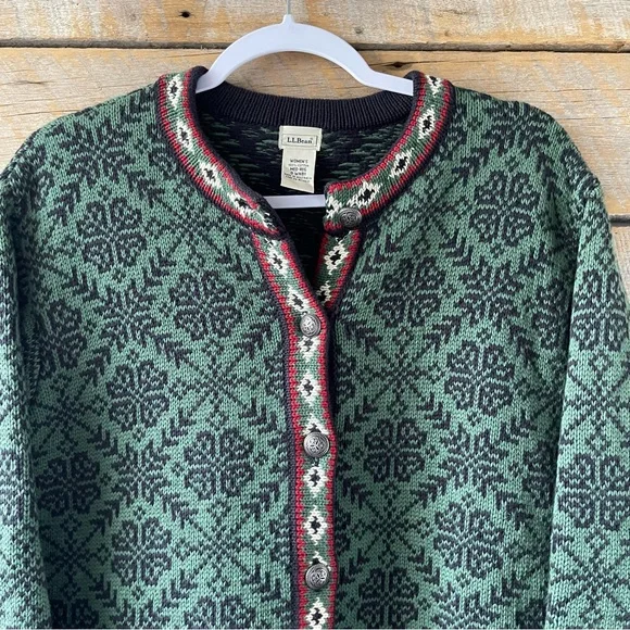 LL Bean Womens Vintage Fair Isle Cotton Nordic Cardigan Sweater Size Medium - Picture 2 of 14